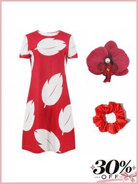 Women's Hawaiian Leaf Print Midi Dress Costume Set